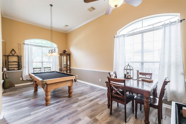 rec room with pool table, ornamental molding, wood-type flooring, and ceiling fan