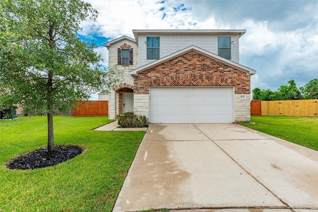 16555 Mandate Dr, Houston, TX 77049 - traditional-style house featuring stone siding, concrete driveway, a front yard, and fence