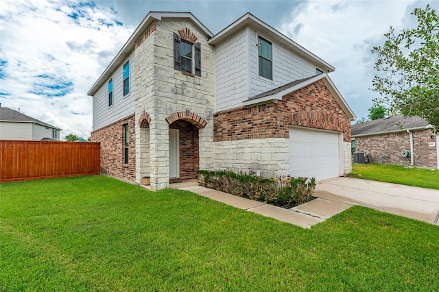 16555 Mandate Dr, Houston, TX 77049 - traditional-style house featuring concrete driveway, fence, central air condition unit, brick siding, and a front lawn