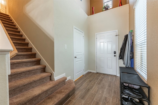 entrance foyer with dark wood-type flooring, plenty of natural light, and a high ceiling