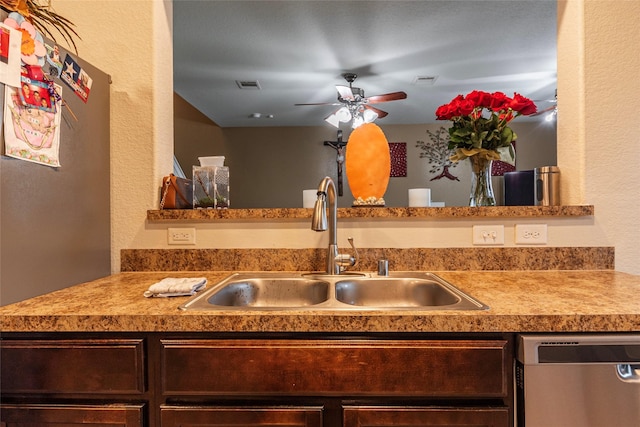 16555 Mandate Dr, Houston, TX 77049 - kitchen featuring visible vents, dishwasher, a sink, ceiling fan, and dark brown cabinets
