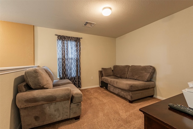 living room with a textured ceiling and carpet