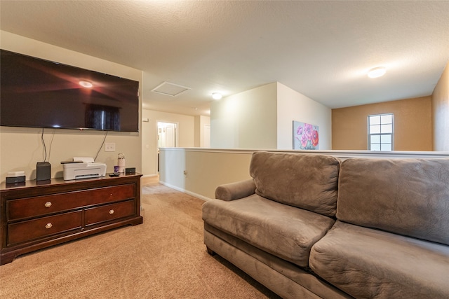 carpeted living room with a textured ceiling