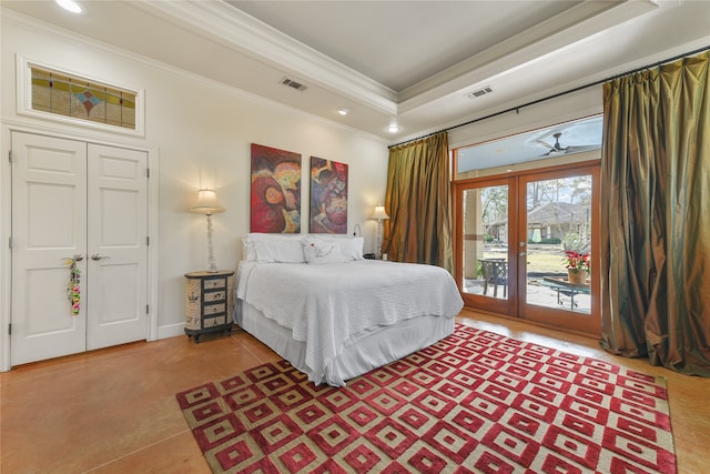 bedroom with a raised ceiling, crown molding, access to outside, and french doors