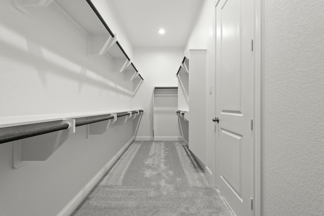 spacious closet featuring light colored carpet