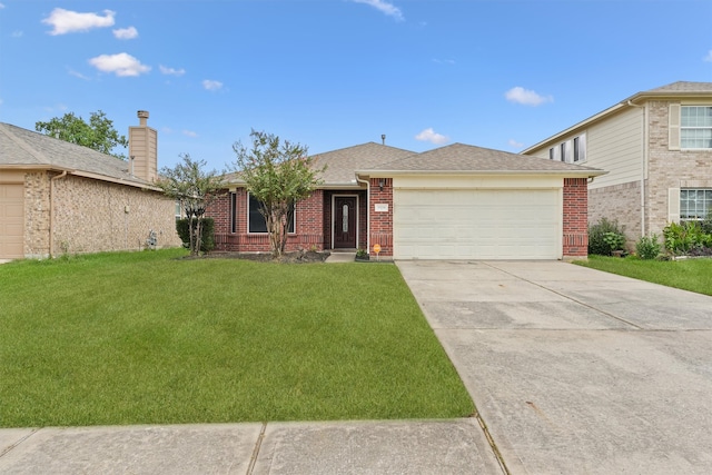 view of front of home with brick siding, roof with shingles, a garage, driveway, and a front lawn