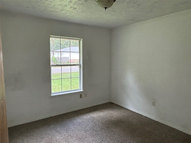 unfurnished room with a textured ceiling and carpet flooring