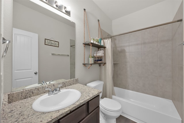 full bathroom with vanity, toilet, and shower / bath combination with curtain