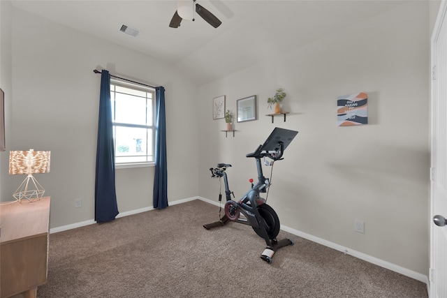 workout room featuring lofted ceiling, carpet flooring, and ceiling fan