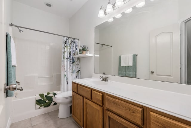 full bathroom featuring vanity, toilet, shower / bathtub combination with curtain, and tile patterned floors