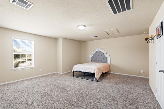 carpeted bedroom with a textured ceiling