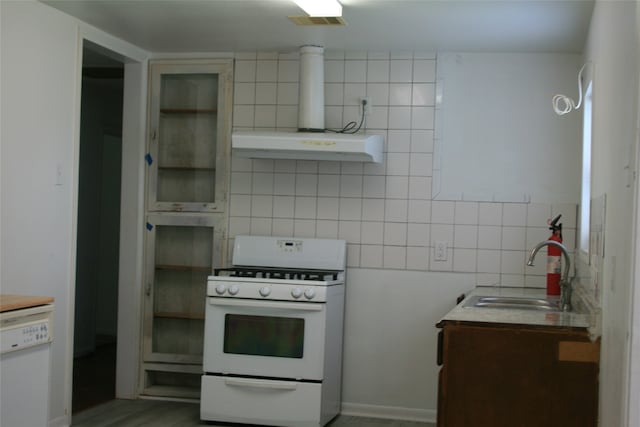 kitchen with wood-type flooring, sink, white appliances, and decorative backsplash