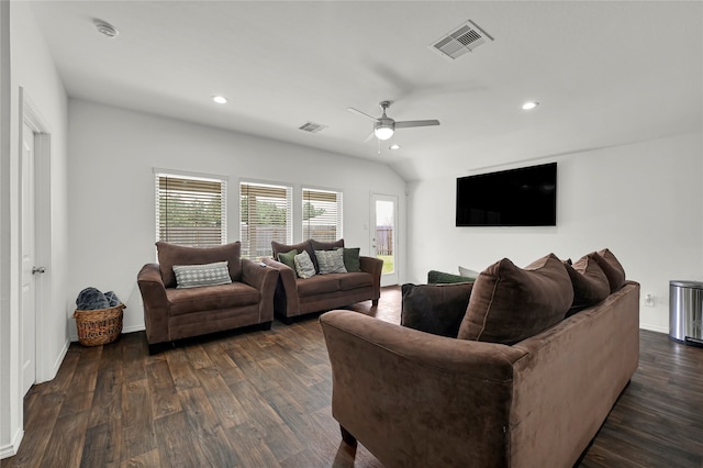 living room with ceiling fan and dark hardwood / wood-style floors