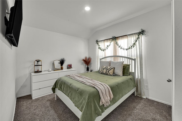 bedroom featuring vaulted ceiling and carpet floors