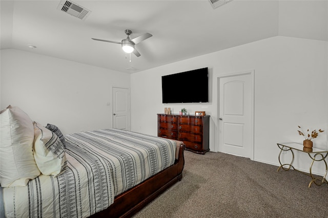 bedroom with lofted ceiling, carpet flooring, and ceiling fan