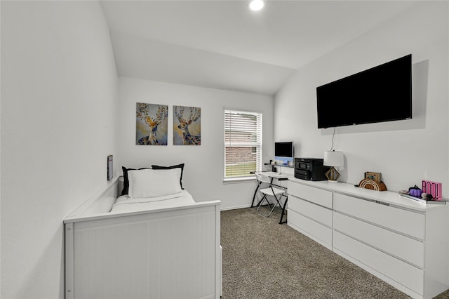 office area featuring lofted ceiling and carpet floors