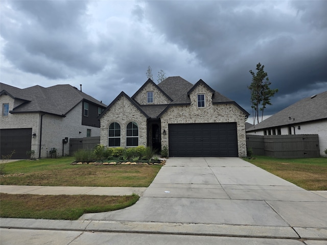 french provincial home with a garage and a front yard