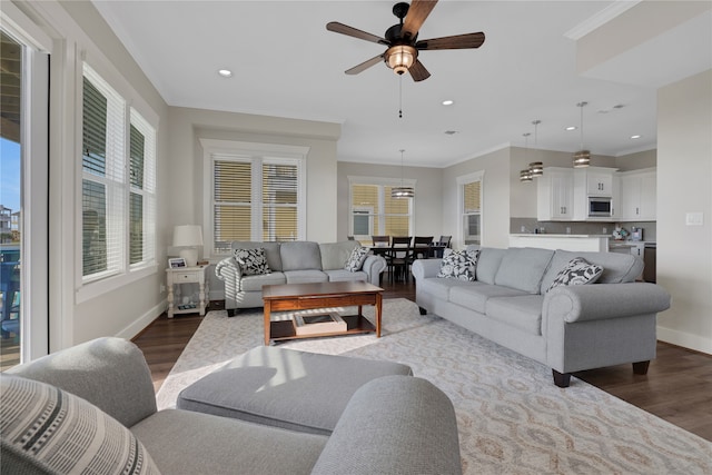 living room featuring a wealth of natural light, crown molding, and dark wood-type flooring