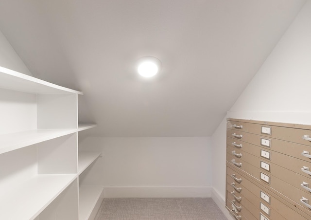 walk in closet featuring carpet and vaulted ceiling