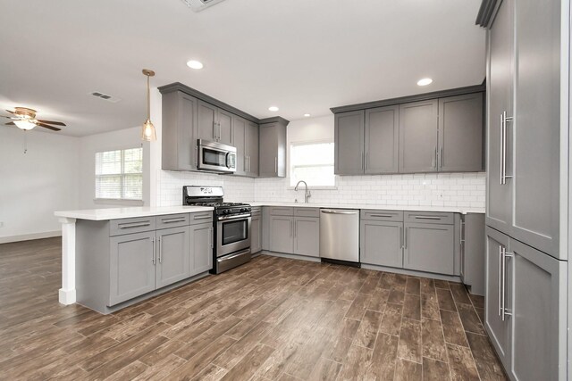 kitchen featuring appliances with stainless steel finishes, kitchen peninsula, gray cabinets, plenty of natural light, and ceiling fan