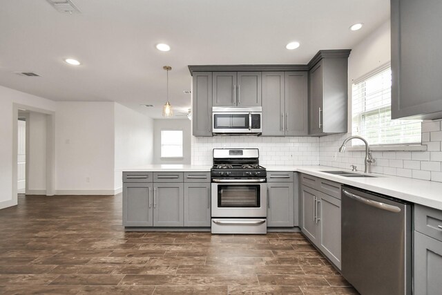 kitchen featuring plenty of natural light, stainless steel appliances, dark hardwood / wood-style floors, and sink