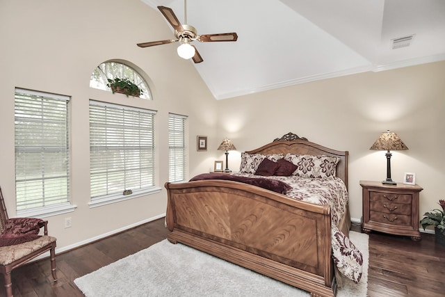 bedroom featuring ceiling fan, high vaulted ceiling, and dark hardwood / wood-style flooring