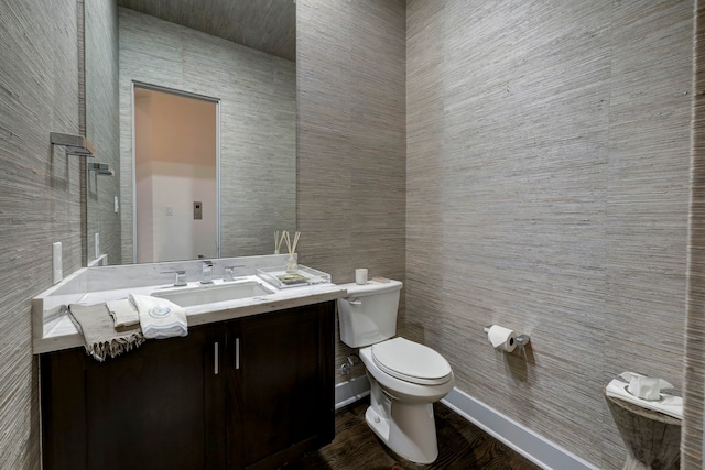 bathroom featuring vanity, toilet, and wood-type flooring