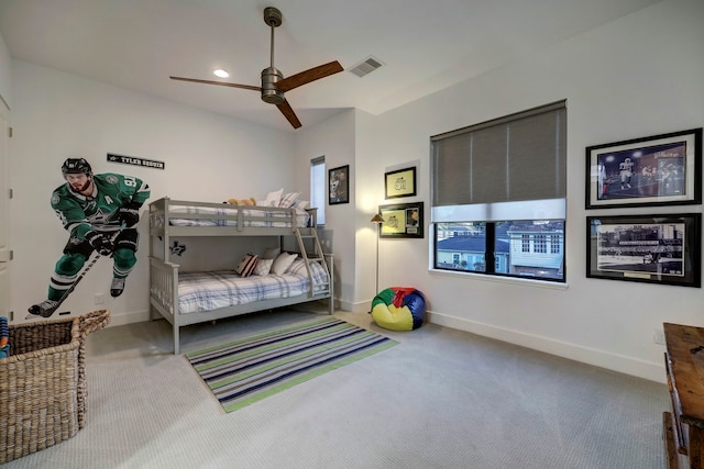 bedroom with ceiling fan and carpet