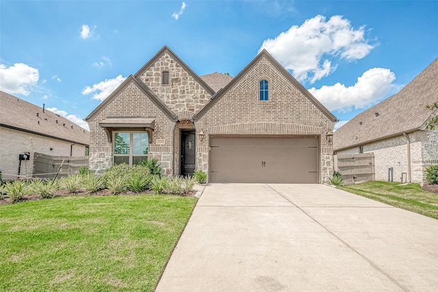 view of front of home with brick siding, fence, stone siding, driveway, and a front lawn