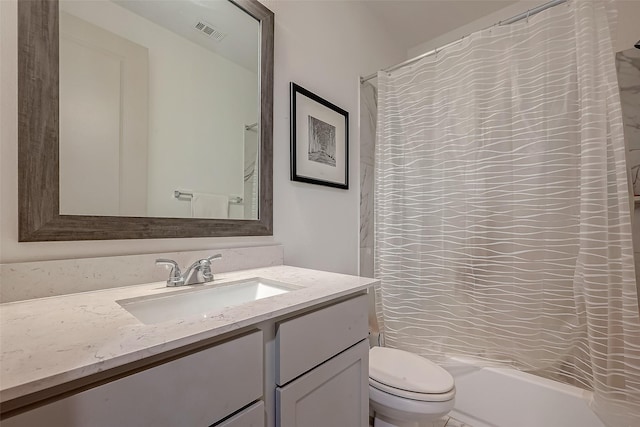 full bath with toilet, shower / bath combo, visible vents, and vanity