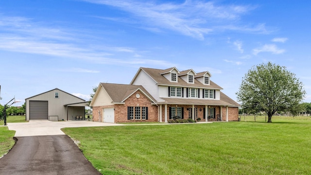 view of front facade with brick siding and a front lawn