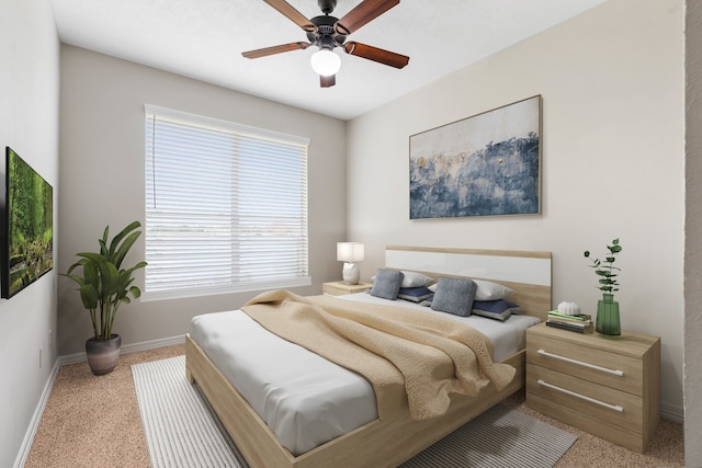 bedroom featuring ceiling fan, carpet flooring, and baseboards