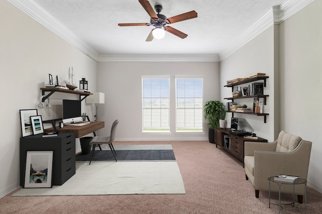 office area with a textured ceiling, carpet floors, a ceiling fan, baseboards, and ornamental molding