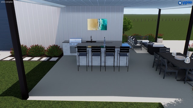 view of patio / terrace with area for grilling, outdoor dining area, an outdoor kitchen, and fence