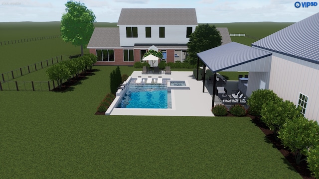 view of swimming pool featuring a fenced in pool, a patio, a lawn, a gazebo, and fence