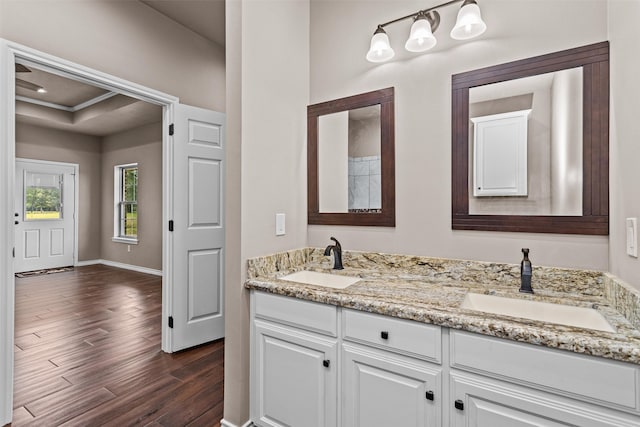 bathroom with a tray ceiling, wood-type flooring, and vanity