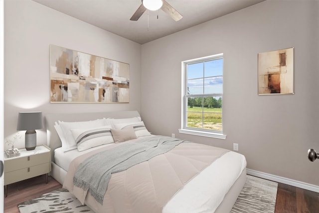 bedroom with dark wood-type flooring and ceiling fan