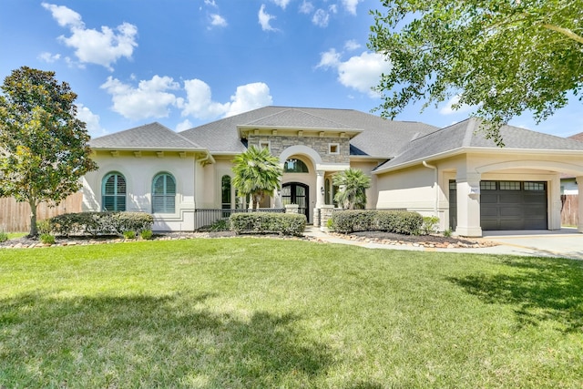 mediterranean / spanish-style home with a garage and a front yard