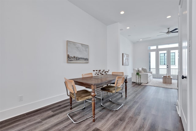 dining room featuring dark wood-type flooring and ceiling fan