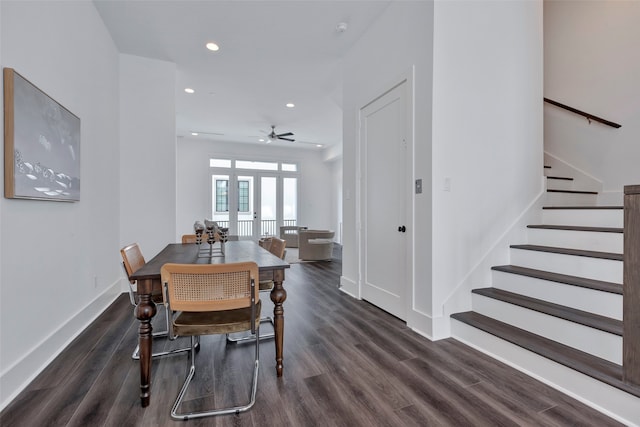 dining room with ceiling fan, dark hardwood / wood-style floors, and french doors