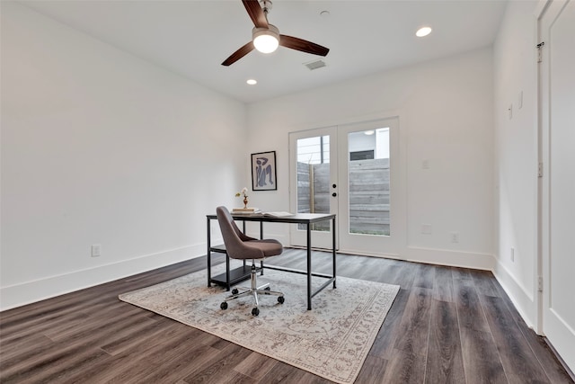 office with dark wood-type flooring, ceiling fan, and french doors