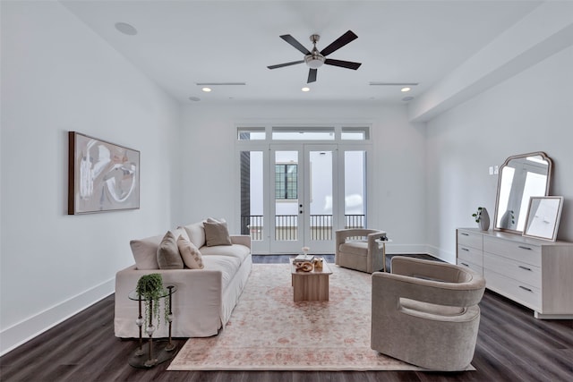 living room with french doors, ceiling fan, and dark hardwood / wood-style flooring