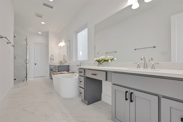 bathroom with vanity and independent shower and bath