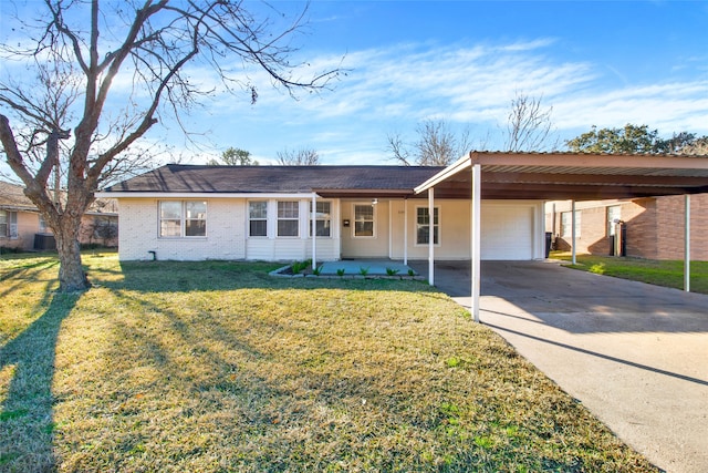 ranch-style home with a garage, a carport, and a front yard