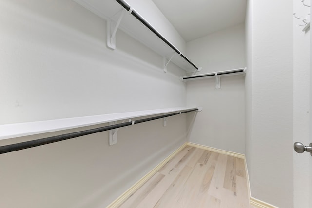 walk in closet with light hardwood / wood-style floors