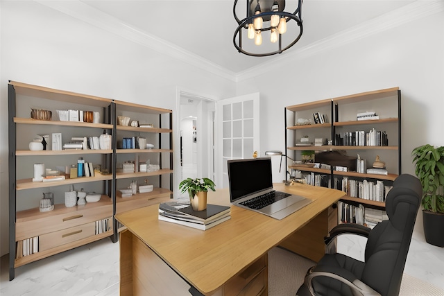 office area featuring an inviting chandelier and ornamental molding