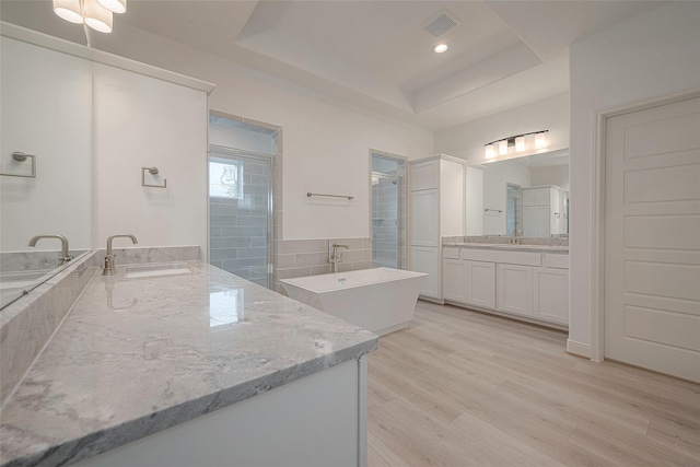 bathroom featuring vanity, tile walls, hardwood / wood-style floors, a tray ceiling, and independent shower and bath