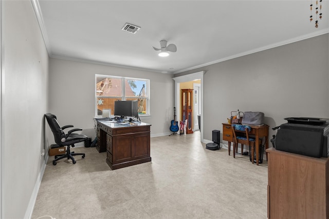 office area with visible vents, light floors, baseboards, and ornamental molding