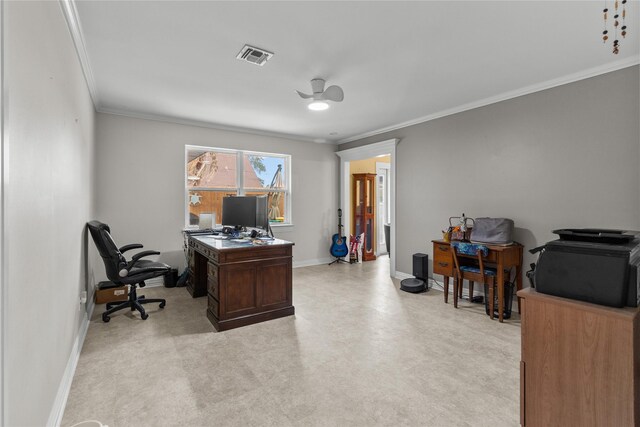 2602 Gerol Ct, Galveston, TX 77551 - office area with light floors, baseboards, ornamental molding, and visible vents