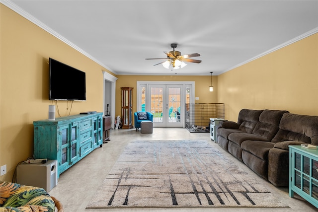 living area featuring french doors, ceiling fan, and ornamental molding